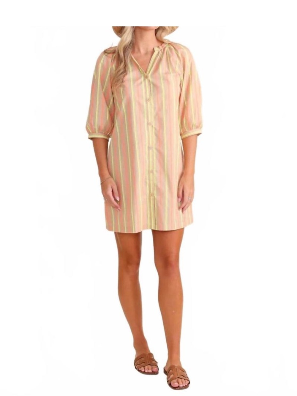 S’EDGE Tan Shirt with Neon Yellow and Coral Stripes